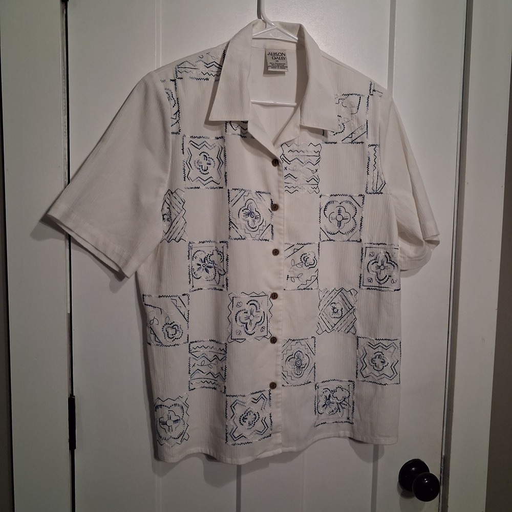 90s Allison Daley Button Up Women 14 White Embroidered Short Sleeve Boho Blouse